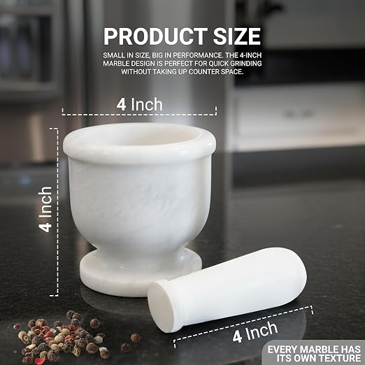 Marble Mortar and Pestle Set 4" Inch Handmade Hand Grinder for Kitchen Ideal Mortar and Pestle Set Spice Grinder and Garlic Crusher, White