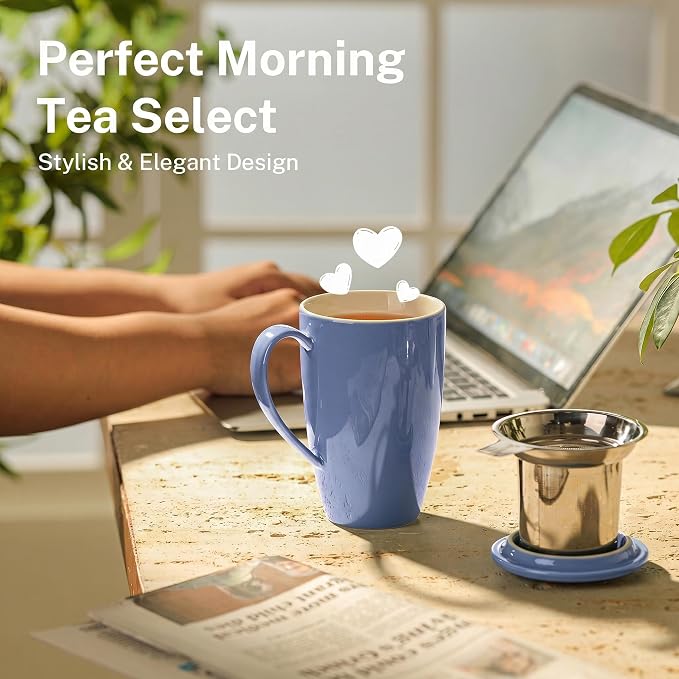 Sweese 15 OZ Porcelain Tea Mug with Infuser and Lid, Loose Leaf Tea Cup, Gifts for Tea Lover, Dusty Blue