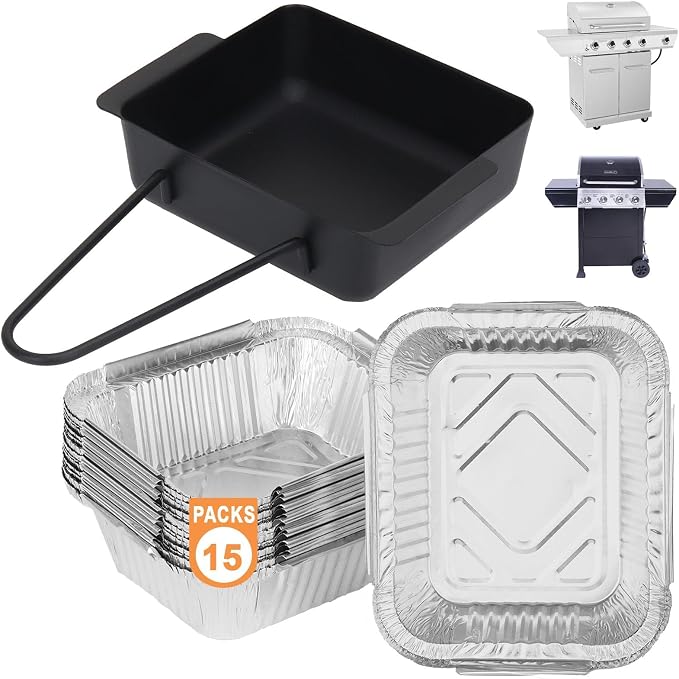 Grease Drip Pan Kit for Nexgrill 720-0830H 720-0830X 720-0888 Replacement | Fits cuisinart CGG-7400, 1PC grease catcher cup box w/15PCS aluminum foil liners, easy to install, heat-resistant, disposable
