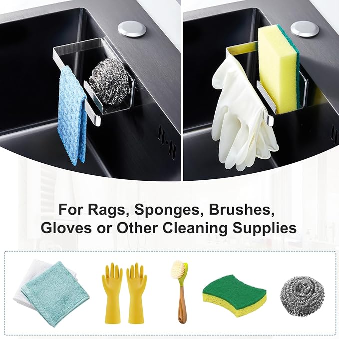 Sponge Holder for Kitchen Sink, Adhesive Dishcloth Holder, Dish Sponge Kitchen Sink Caddy 2 In 1, Metal Dishcloth Racks Sink for Dishcloths, Sponges, Brushes and Glove (Sliver)