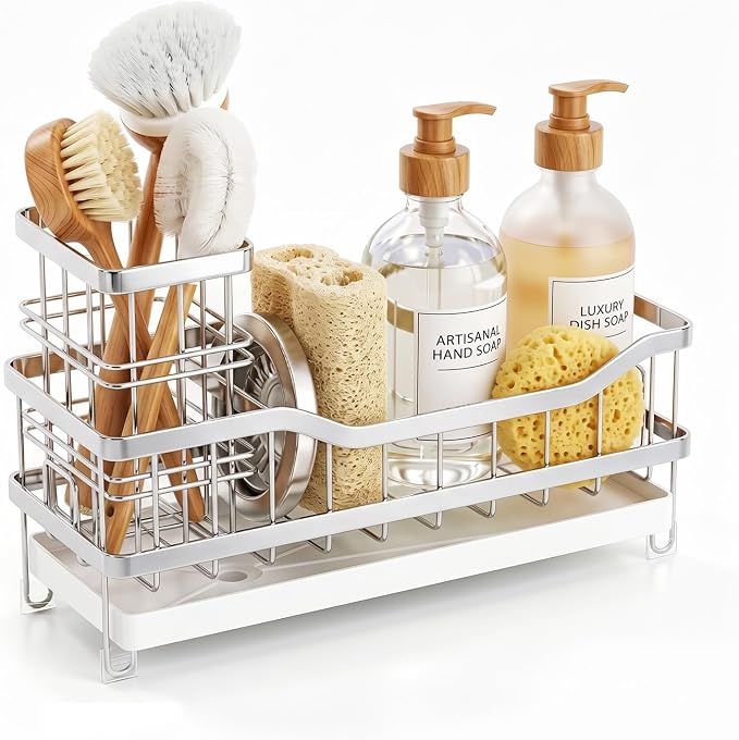 Sink Caddy, Sponge Holder for Kitchen Sink, Silver | Self-draining Sink Organizer with Removable Brush Holder , Metal Sponge Rack for Countertop, Fits Soap Dispenser & Scrubber
