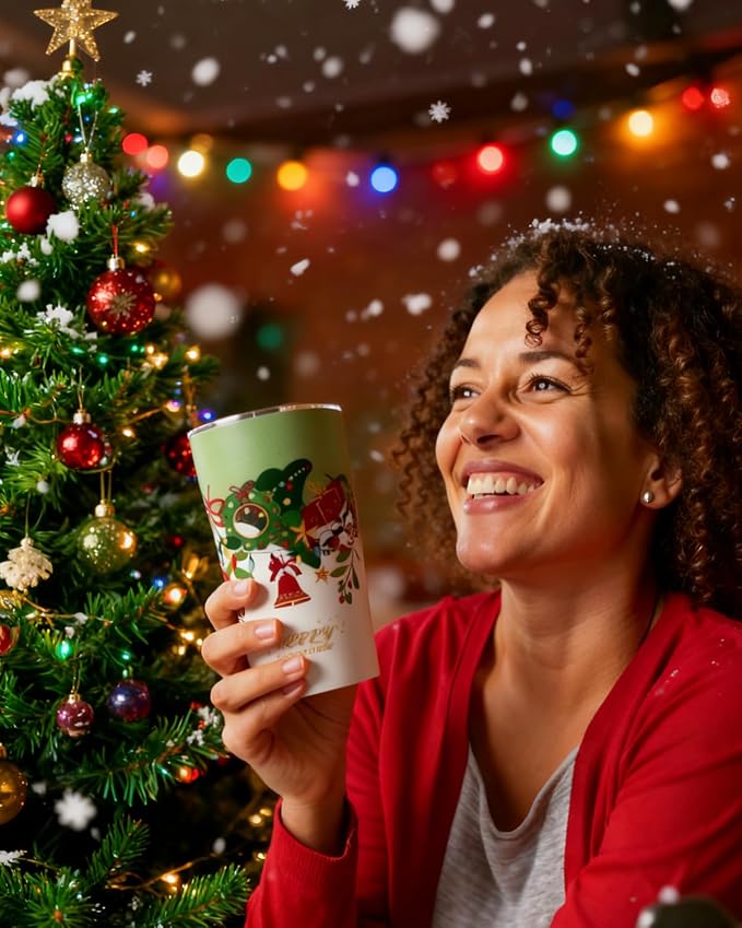 GiNT 17oz Christmas Tea Cup with Infuser and Lid - 4D Gold Foil Pattern (Bells & Holly), 316 Stainless Steel Double Wall Vacuum Insulated Travel Tea Mug, Leak-Free, for Commuting/Camping Gifts
