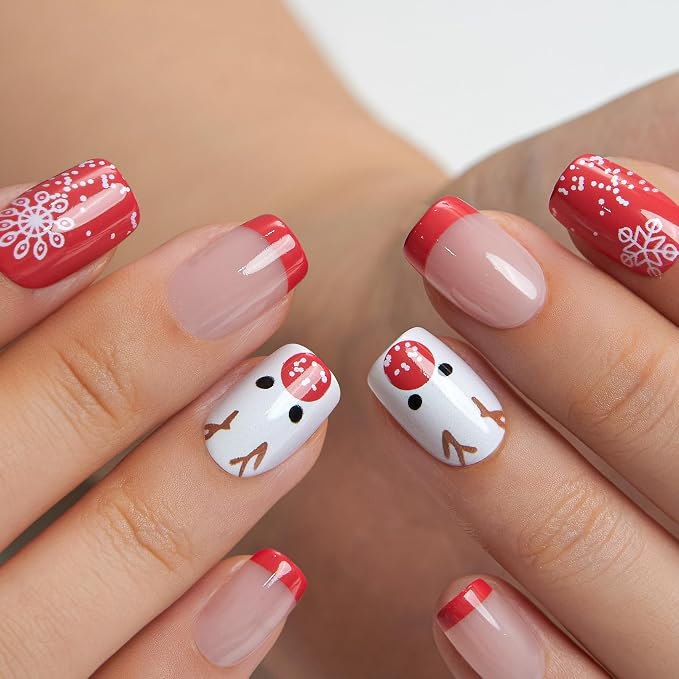 CurvLife Short Square Press On Nails, Christmas Deer Red,Soft Gel | 32PCS, 16 Sizes, Salon-Quality Natural Fake Nails, Curved Fit, 7-14 Day Glue-On Wear, Reusable Stick-On Nails, Press-On Kit