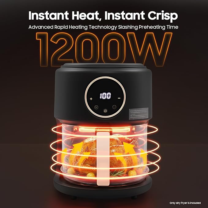 8-in-1 Glass Air Fryer, 4.5Qt Capacity Non Toxic Air Fryer, 360° Viewable Bowl, Touchscreen Display, Precise Temperature(175°F - 400°F), 1200W Oil Cooking Dishwasher Safe Glass Pot - Black