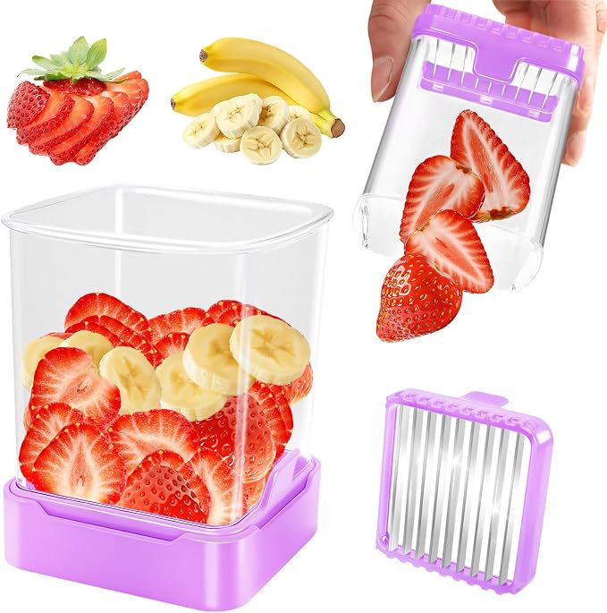 Fruit Slicer Cup for Strawberry, Banana, Hard-Boiled Egg - Detachable Cutter with Push Plate - Rapid & Safe Slicing Kitchen Gadget for Quick Meal Prep (Purple)