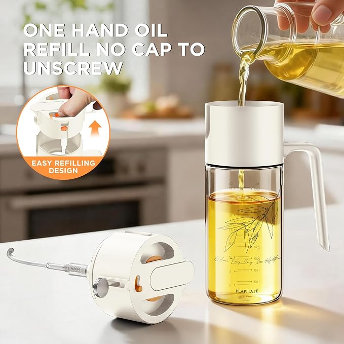 PLAPITATE 17oz/500ml Premium Olive Oil Sprayer for Cooking, 2 in 1 Glass Olive Oil Dispenser Bottle for Kitchen Gadgets, Spray Bottle with Portion Control for Salad, Frying, BBQ (White)