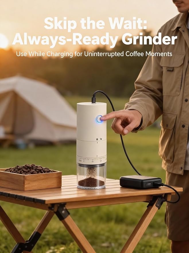 Lamido Portable Electric Coffee Grinder with Ceramic Burr - Visual Bean Hopper - 38 Adjustable Grind Settings - 1.8X Faster Grinding - 2000 mAh Rechargeable (Light Beige (E95), E95)