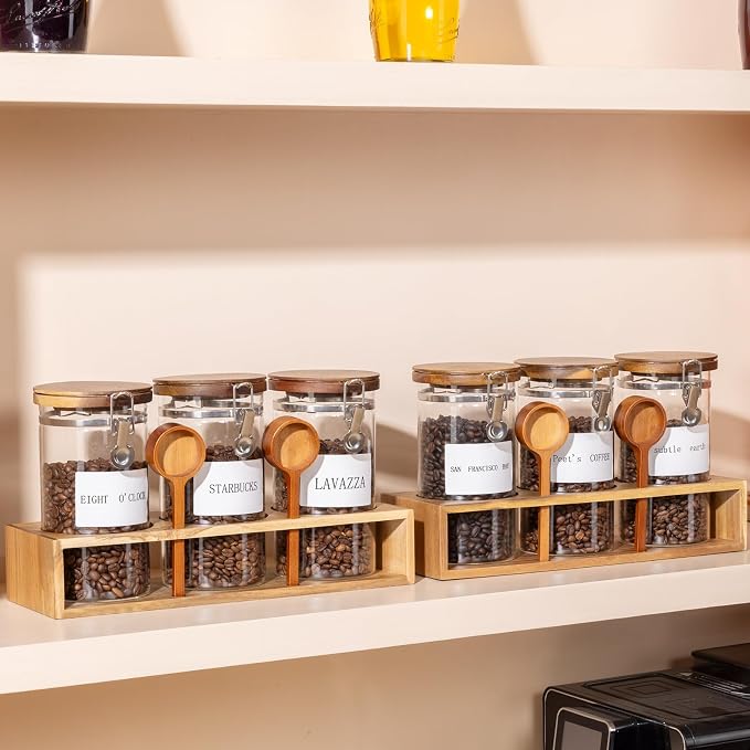 Coffee Canister with Shelf: 3P 45OZ Glass Airtight Coffee Holder | Large Capacity Coffee Container w/Acacia Scoop - Kitchen Food Storage Jar for Ground Coffee/Tea/Sugar/Cereal/Nuts/Coffee Bar