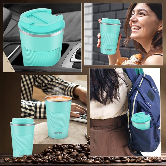 KETIEE Travel Mug 12oz: Vacuum Insulated Coffee Mug with Leakproof Lid, Travel Coffee Mug, Stainless Steel Double Walled Reusable Coffee Cup for Hot and Iced Coffee Tea Water (Blue) | Travel Coffee Mug, Stainless Steel Double Walled Reusable Coffee Cup...