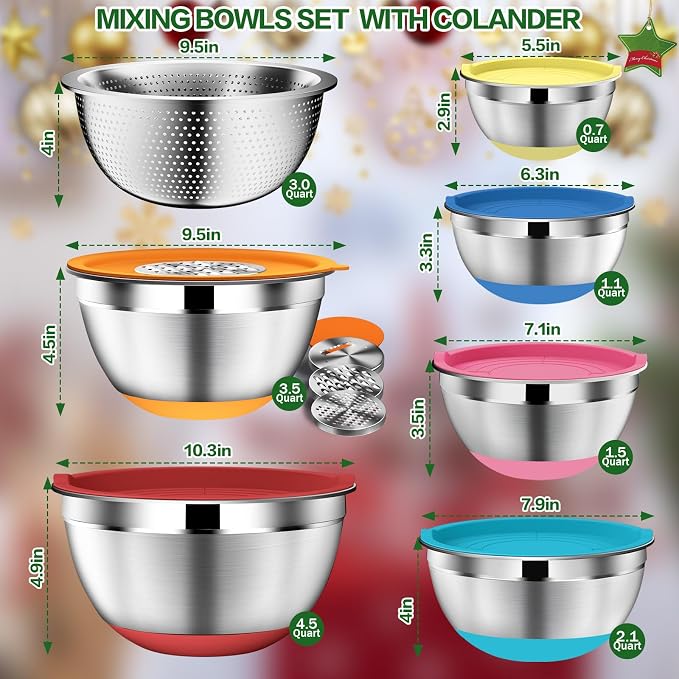 DUTZUN Mixing Bowls with Lids Set - 16pcs Stainless Steel Mixing Bowl Set with Colander, 3 Grater Attachments, Non-Slip Bottom, Metal Nesting Bowls with Strainer for Mixing & Serving - Multicolor