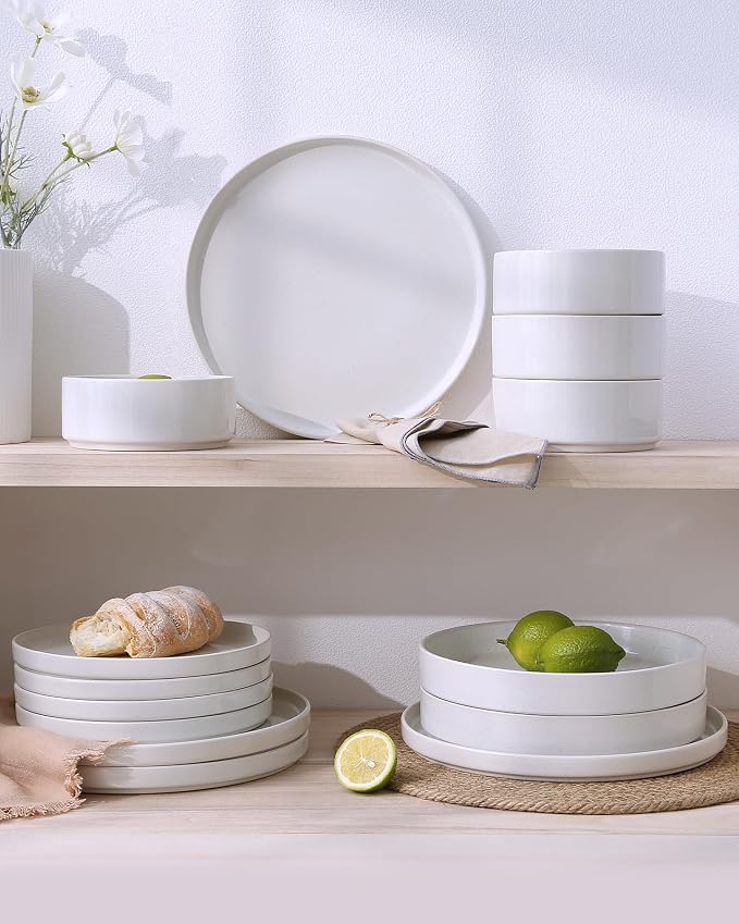 Famiware Nebula Plates and Bowls, 12-Piece Dinnerware Set, White | Stoneware Dish Set for 4, Dishwasher and Microwave Safe, Chip and Scratch Resistant