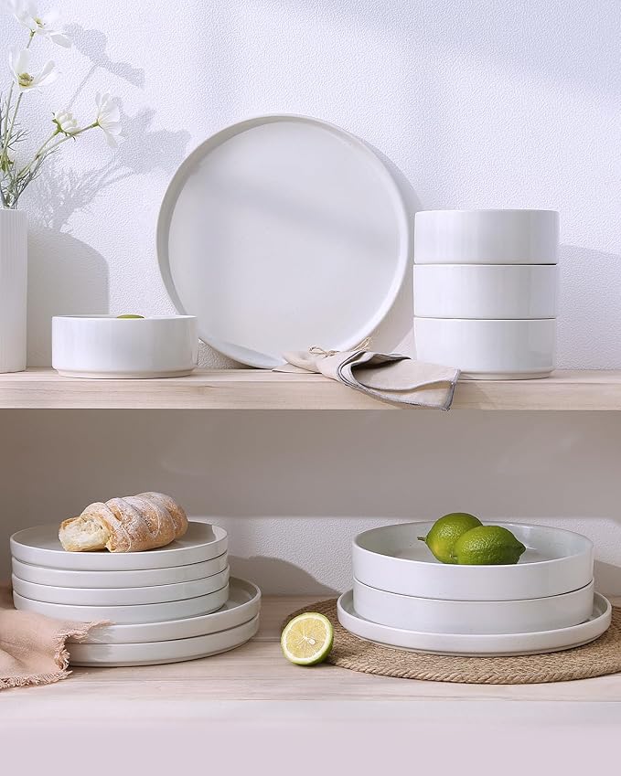 Famiware Nebula 24-Piece Dinnerware Set with Pasta Bowls, White | Stoneware Plates and Bowls, Service for 6 - Chip & Scratch Resistant, Microwave & Dishwasher Safe