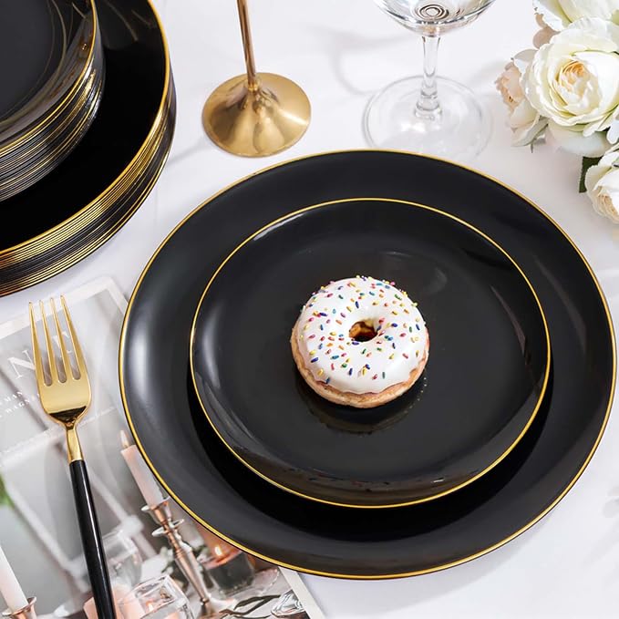 DaYammi 150Pcs Black Plastic Plates with Gold Silverware,Black Disposable Plates Set Included 30 Dinner Plate,30 Dessert plate,30 Knives,30 Forks,30 Spoons,black and gold plates for Party Wedding