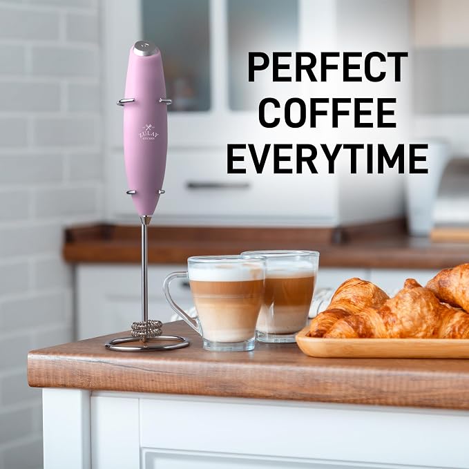 Zulay Kitchen Powerful Double Whisk Milk Frother Handheld - Foam Maker With Stand - Whisk Drink Mixer for Coffee, Mini Foamer for Latte, Matcha, Frappe, Hot Chocolate & Cappuccino - Magnetic Pink