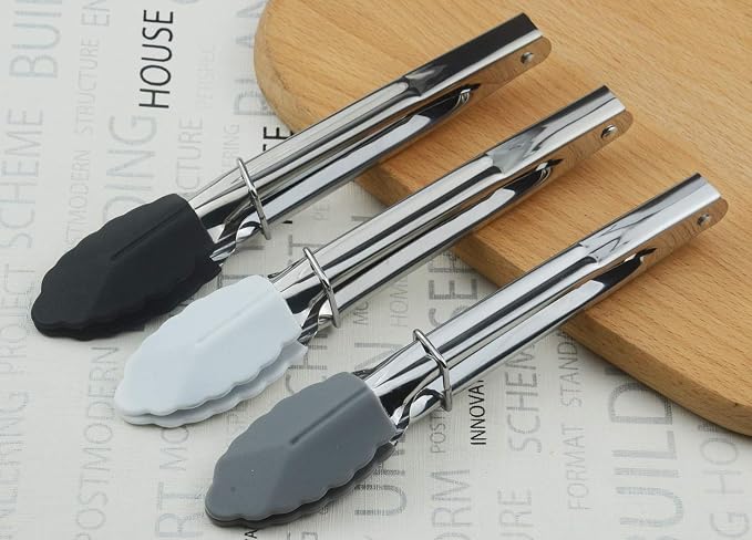 HINMAY 7-Inch Mini Tongs with Silicone Tips, Set of 3 (Black White Gray) | 7-Inch Small Serving Tongs