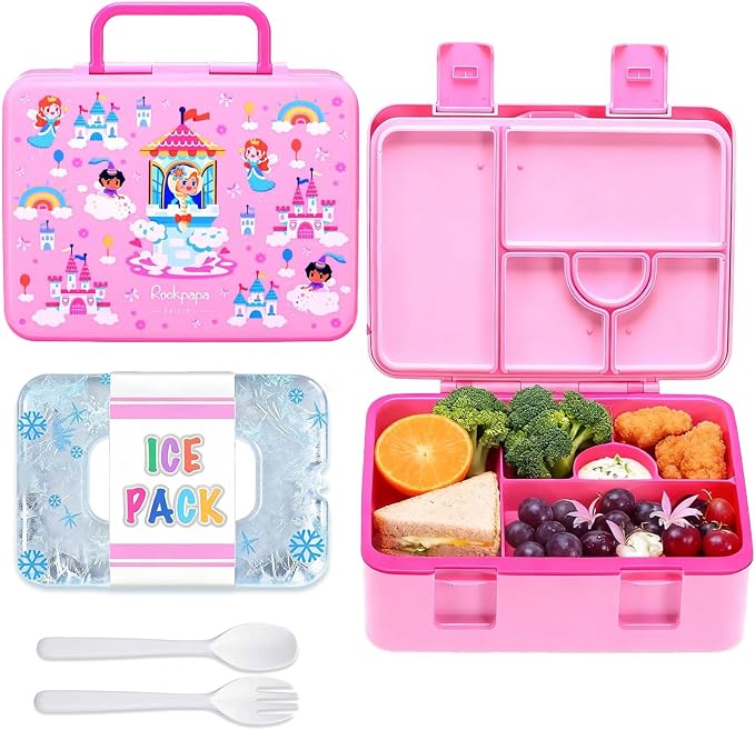 rockpapa Chill Bento Box for Kids with Ice Pack, 5-Compartments, Fairies | Large 5.5 Cups, BPA-Free, Leak Proof, with Utensils & Handle, Microwave/Dishwasher Safe, for School, Picnic, Boys, Girls