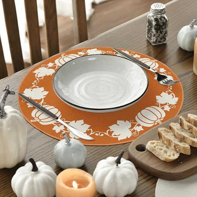 Artoid Mode Orange Pumpkin Leaves Round Fall Placemats Set of 4-14 Inch | Heat-Resistant, Washable Table Mats, Seasonal Autumn Kitchen Dining Decor