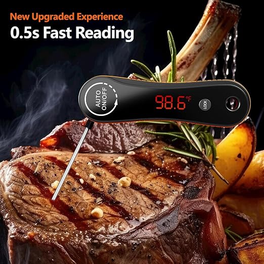 Meat Thermometer Digital, 0.6s Instant Read Cooking Thermometer for Grill | Foldable Probe BBQ Thermometer with LED Display, Auto On/Off & Lock Function for Kitchen, Deep Fry, Roast