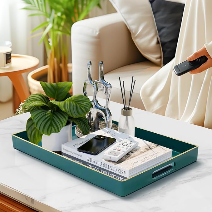 Teal Decorative Tray for Coffee Table, Serving Tray with Handles | Plastic Melamine Tray, Modern Ottoman Tray, Rectangular Countertop Organizer Tray for Living Room, 15.8"L x 10.2"W x 1.4"H