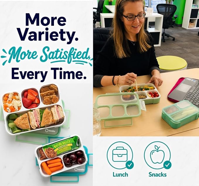 kinsho Bento Lunch Box And Snack Container Set For Kids And Adults - Large 4 & Small 3 Divided Food Compartments - Portion Control Meal Prep - Reusable for School Work Travel - 2 Pack Green Blue Set