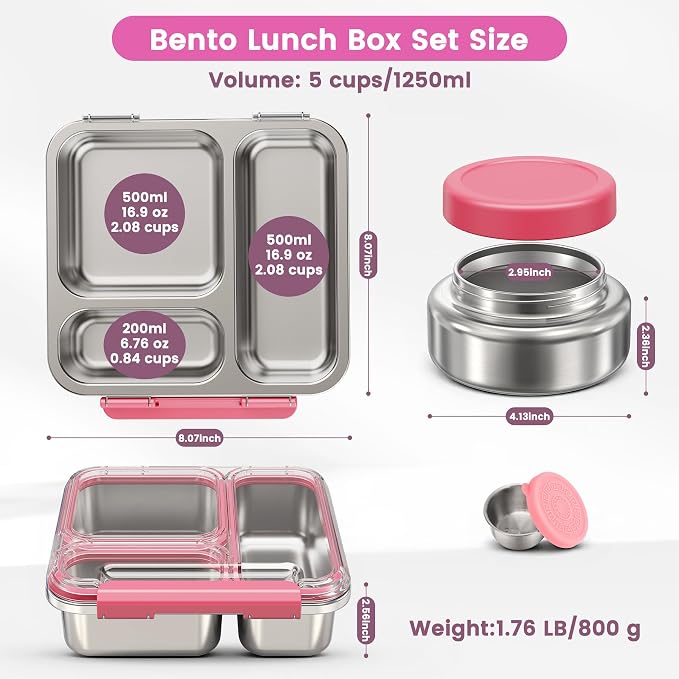 Stainless Steel Bento Box Kids Adult with 7oz Soup Thermo, Transparent Lid 3 Compartments Metal Bento Lunch Box with Insulated Food Jar,Lunch Box Container Sauce Cup for School,BPA-Free (Pink)