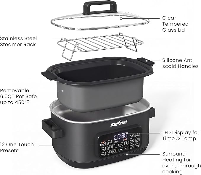 Sunvivi 12-in-1 Programmable Slow Cooker 6.5QT with Timer & Keep Warm | Multicooker with Timer & Temp Control, Dishwasher Safe Lid & Removable Nonstick Crock, Stainless Steel Rack, Black