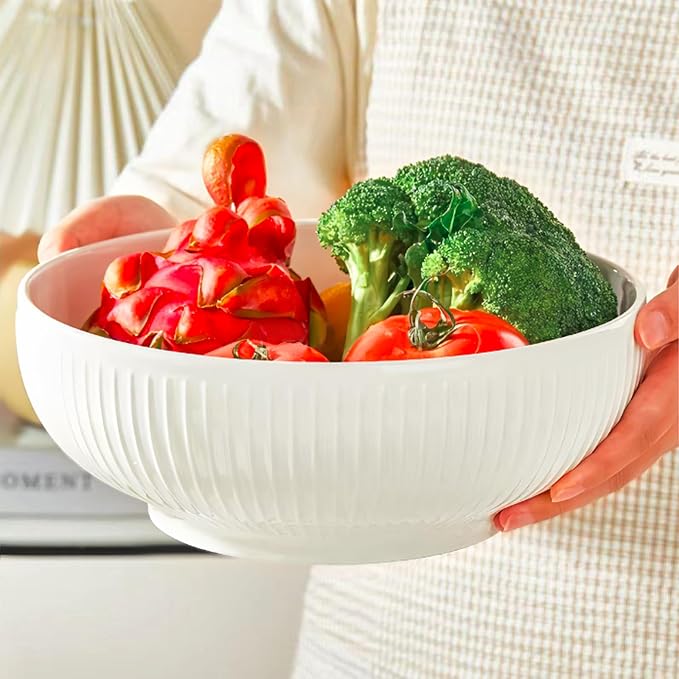 Set of 2 Serving Bowls- 9inch Extra Large Salad Bowls -Porcelain White Serving Bowls for Salad Soup Pasta and Dinner-Large Ceramic Bowl Set for Entertaining