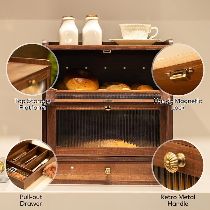 Wood Bread Box for Kitchen Countertop with Cutlery Drawer, Walnut | Solid Pine Wood, 2-Tier Large Capacity, Included 50 Deli Papers, Vintage Farmhouse Breadbox, Wooden Bread Storage Container