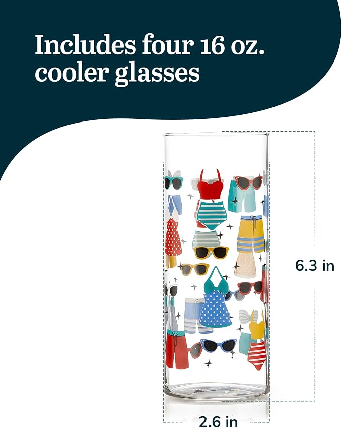 Libbey Vintage Swim Drinking Glasses Set of 4, Colorful, Retro Swimsuits Design Glass Cups Set, Dishwasher Safe Water Glasses Set for Cocktails