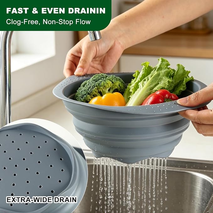 Collapsible Silicone Colander with Handle, 10.5-Inch Large Capacity Foldable Strainer for Vegetables, Pasta, Fruits - Heat Resistant up to 212°F, Non-Slip Base, Space-Saving Kitchen Tool-2pack