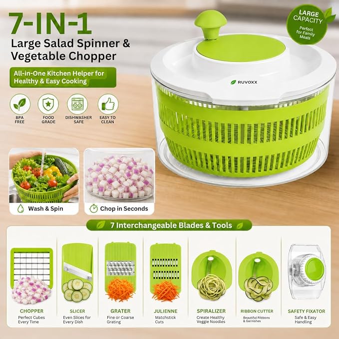 Large Salad Spinner with Slicer - 7-in-1 Lettuce Spinner, Chopper & Grater | Comes with Fruit Washing Bowl with Strainer, Julienne, Spiralizer, Ribbon Cutter and Dicer Attachments. Dishwasher Safe.