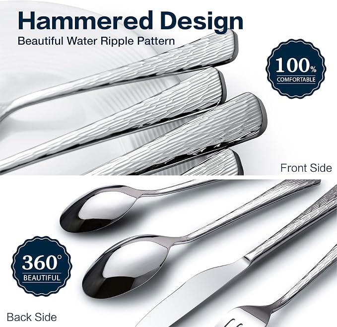 Silverware Set for 8, 40 Piece Flatware Set, 18/10 Stainless Steel | Hammered Mirror Polished Ripple Handles, Dishwasher Safe, Rust Resistant, for Home Kitchen, Wedding, Party, Housewarming Gift
