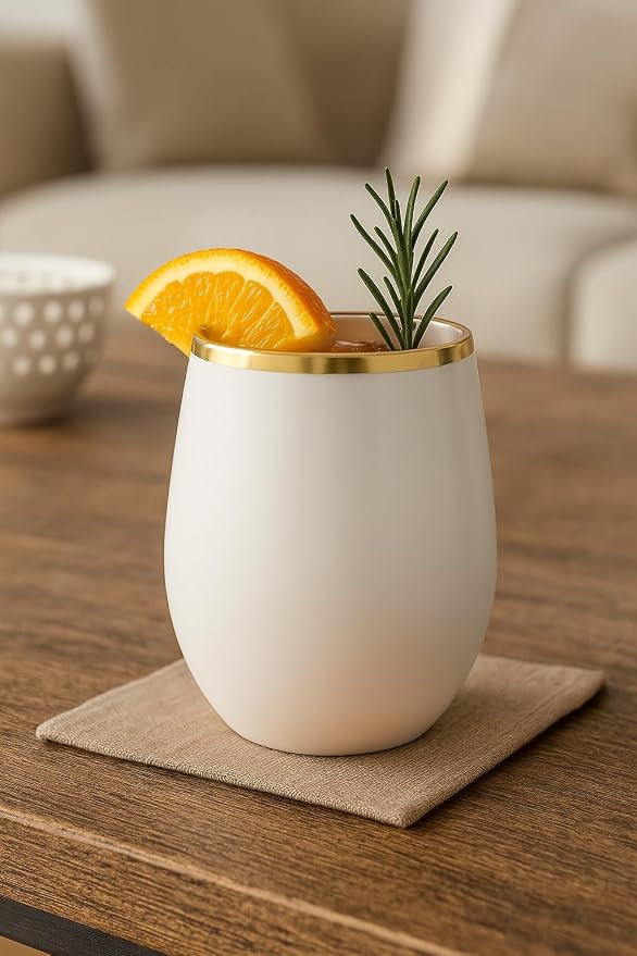 Oojami 40 Pack Disposable Plastic Wine Glasses 12 Oz Stemless Gold Rim Cups | BPA-Free Unbreakable Cocktail Champagne Whiskey Cups, White Matte, for Wedding Party Bars Home Office, Oojami Fancy Drinkware