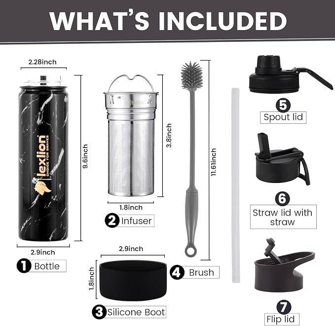 Lexlion Tea Infuser Water Bottle 22 Oz – Triple Wall Insulated Stainless Steel, Loose Leaf & Fruit Strainer, 3 Leakproof Lids, BPA-Free Silicone Sleeve, Reusable Thermal Mug