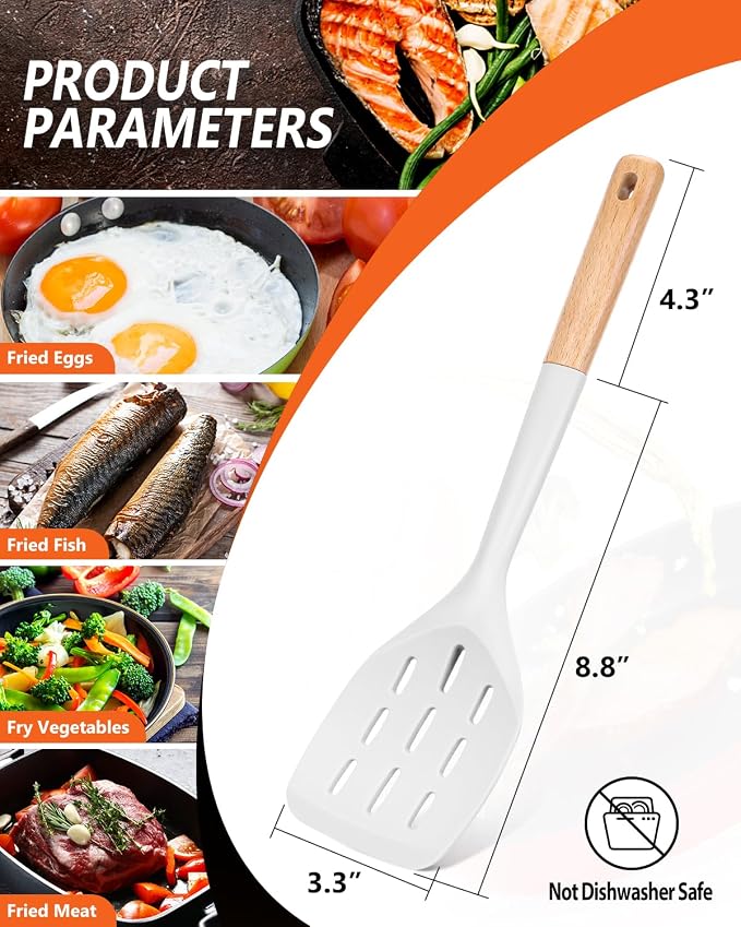 Silicone Spatula, Non Stick Turner for Cooking, Food Grade, White | Heat Resistant, Flexible Edge, 2 Pack Wooden Handle Kitchen Turner for Baking Mixing Grilling Serving Food