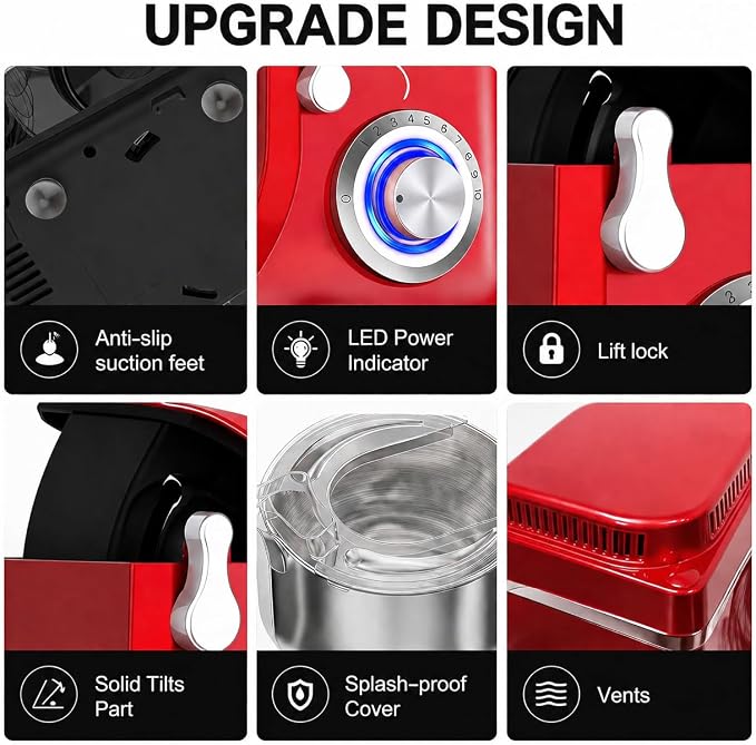 Stand Mixer Dough Mixer 7QT 660W 10-Speed Tilt-Head Dough Mixer, Electric Kitchen Mixer with Stainless Bowl, Hook, Whisk, Beater & Splash Guard, Black (red)