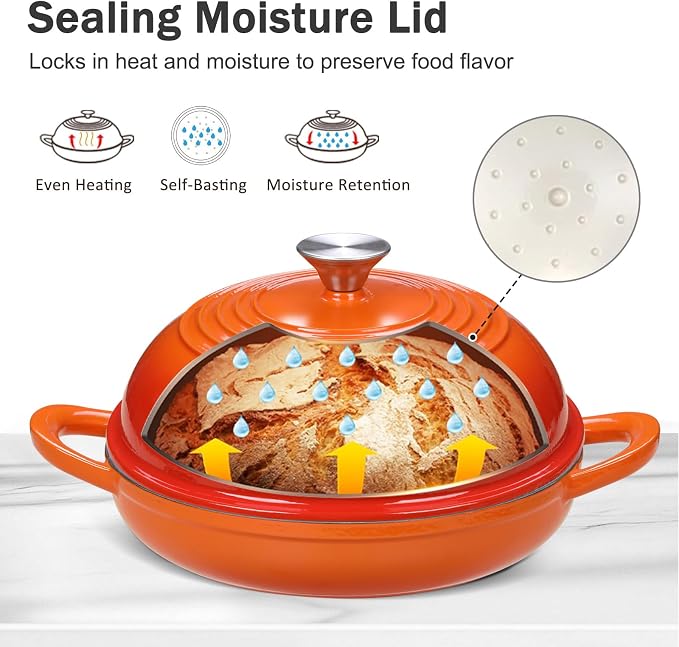 6 QT Enameled Cast Iron Round Bread Oven, Sourdough Dutch Oven | Bread Oven for Homemade Sourdough Bread Baking, Bread Pot with Dome Lid, Gifts for Sourdough Bakers, 500°F Oven Safe, Orange