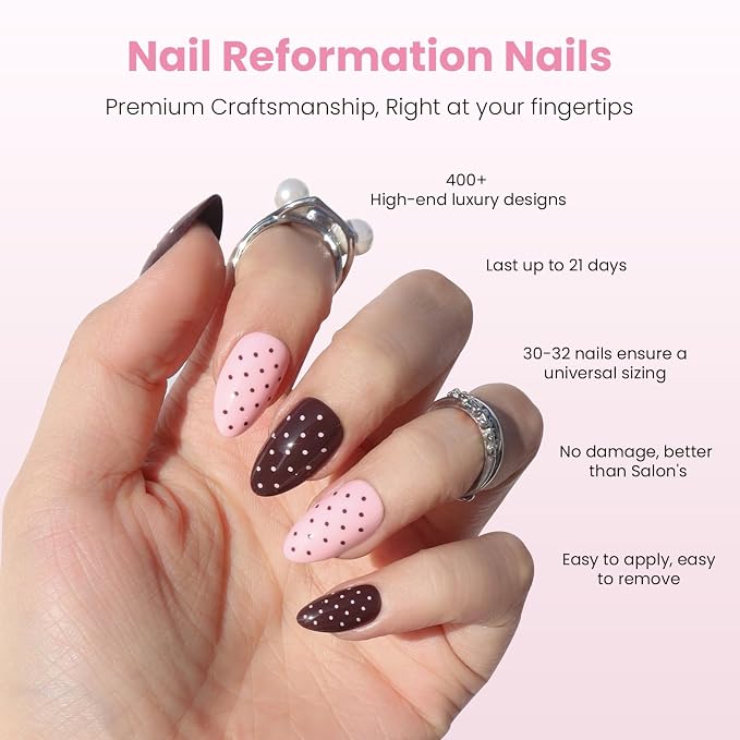 Nail Reformation Press On Nails, Double Dip | Polka Dot Short Almond 32 Pcs | 16 Sizes Fake Nails in Rich Brown and Creamy Pink with Glossy Finish, Reusable Stick On Nails, False Nail Kit for Women Gifts