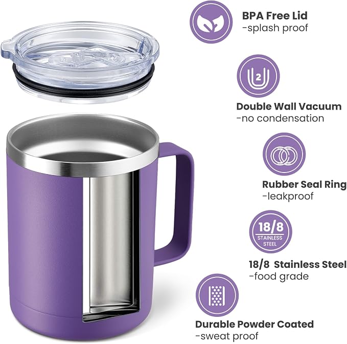 MEWAY 12oz Coffee Mug With Handle 2 Pack Bulk,Stainless Steel Insulated Travel Tumblers With Sliding Lid,Double Wall Vacuum Camping Cup for Hot & Cold Drinks Tea (Purple,Set of 2)