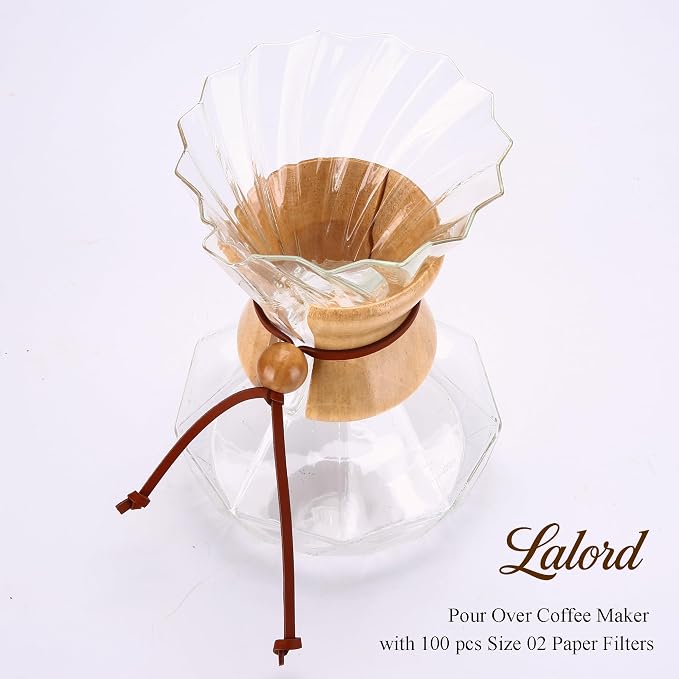 Lalord Pour Over Coffee Maker, 550ml Borosilicate Glass Carafe & Dripper, Wooden Collar, Cowhide Rope, Includes 100 PCS Paper Filters (Clear, 19 oz)