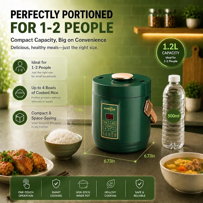 Audecook Low Carb Rice Cooker 2-Cup Uncooked Mini Multicooker with Steamer | 1.2L Mini Rice Cooker Portable 7-in-1 Rice Maker with Non-Stick Pot 24H Timer Auto Keep Warm Stainless Steel Steamer