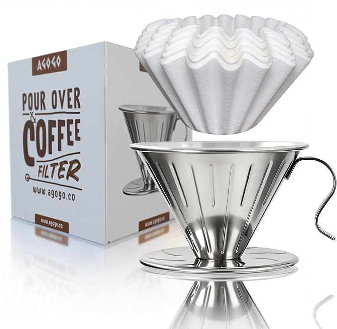 AGOGO Stainless Steel V60 Coffee Dripper & 50 Paper Filters, Sliver | Unbreakable carafe for kitchen RV camp and office, includes barista towel, lead-free food grade 304 stainless steel