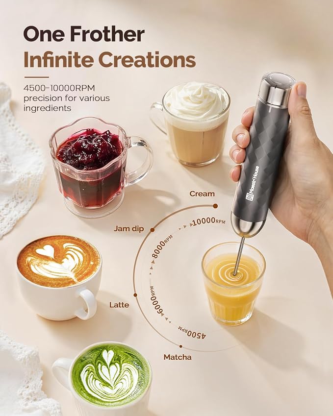 Maestri House LunaFro 2.0 Rechargeable Milk Frother, Stepless Speed Control | 1200mAh lithium battery Frother Handheld, IPX4, Stand & 2 Detachable Whisk for Lattes, Cappuccino, Matcha & Protein powder