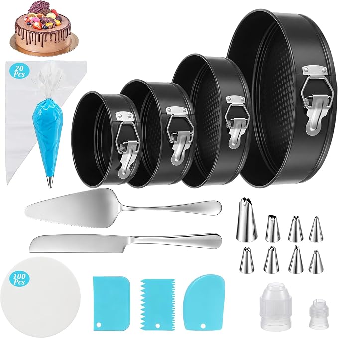 139pcs Springform Cake Pans Set+Cake Decorating Supplies:4 Non-stick Cheesecake Pans(4/7/9/10-Inch) ,Parchment Paper, Pastry Bags and Tips, Icing Scrapers, Cake Cutting Set, Leak-Proof Cheesecake Pan