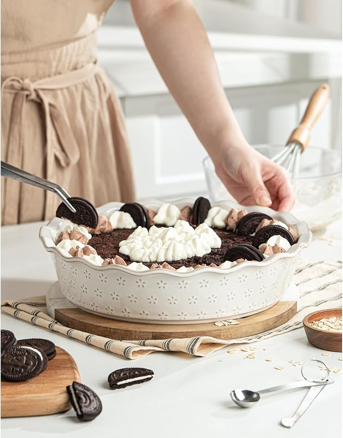 Deep Pie Dish for Baking, Ceramic Pie Pan for Apple Pie, Tart, Quiche Baking Dish, Farmhouse Decor Pie Plate, Deep Dish Pie Pan, Oven Safe, Off-White, Flower