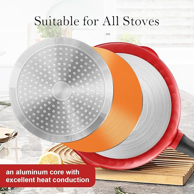 12 Inch Steamer Pan Nonstick, Deep Frying Pan Skillet with Lid, Red | Detachable Handle, Suitable for All Stoves, Including Induction, PTFE & PFAS & PFOA Free, Oven Safe