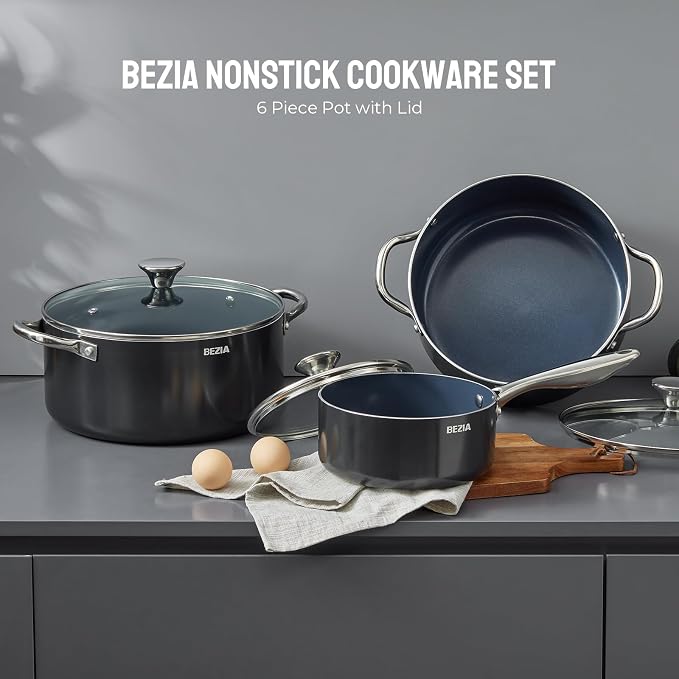 BEZIA Nonstick Induction Cookware Set, 6-Piece Pots and Pans Set with Lids | 2QT Saucepan, 4.8QT Casserole Dutch Oven, 6QT Stock Pot, Riveted Stainless Steel Handles, Oven Safe, Works on All Stovetops
