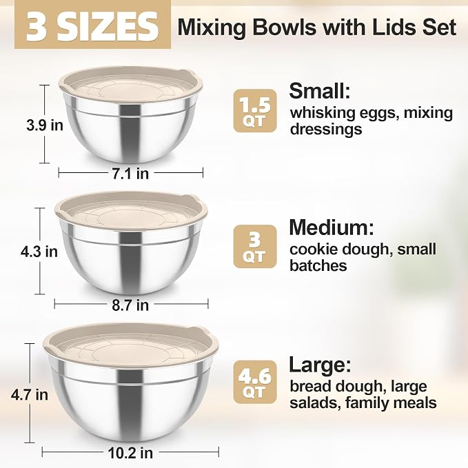 TeamFar Mixing Bowls, Stainless Steel Nesting Salad Bowls & Airtight Lids | For Serving/Mixing/Storing, Rust-proof & Heavy Duty, Dishwasher Safe, Set of 3-4.6/3 / 1.5 QT, Khaki