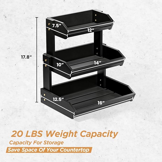 HOLANA Acacia 3 Tier Fruit Basket, Easy Assembly, Versatile Use (Black) | Solid Acacia Wood, Non-slip Pads, 20LBS Capacity, Slatted Design, Multi-Purpose Storage for Fruit & Vegetable, Pantry Bin