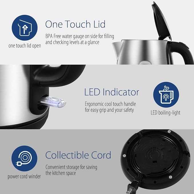 COMFEE' Stainless Steel Electric Kettle, 1.7 Liter Tea Kettle Electric & Hot Water Kettle, 1500W Fast Boil with LED Light, Auto Shut-Off and Boil-Dry Protection (Pack of 6)